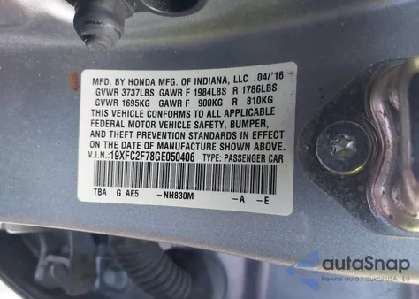 2016 Honda Civic Ex z USA, uszkodzony, nr VIN 19XFC2F78GE050406